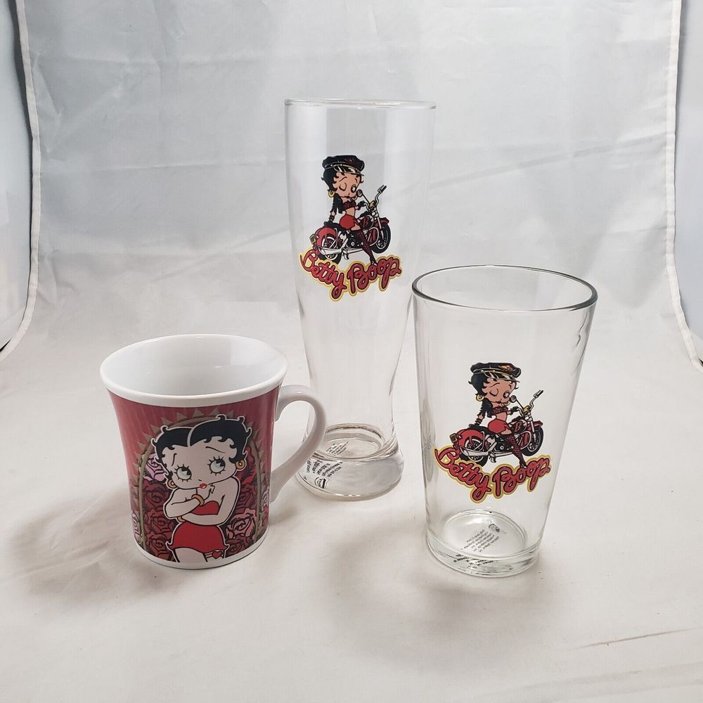 LOT - 3 Betty Boop Beverage Drinking Glass beer mug tall motorcycle coffee mug